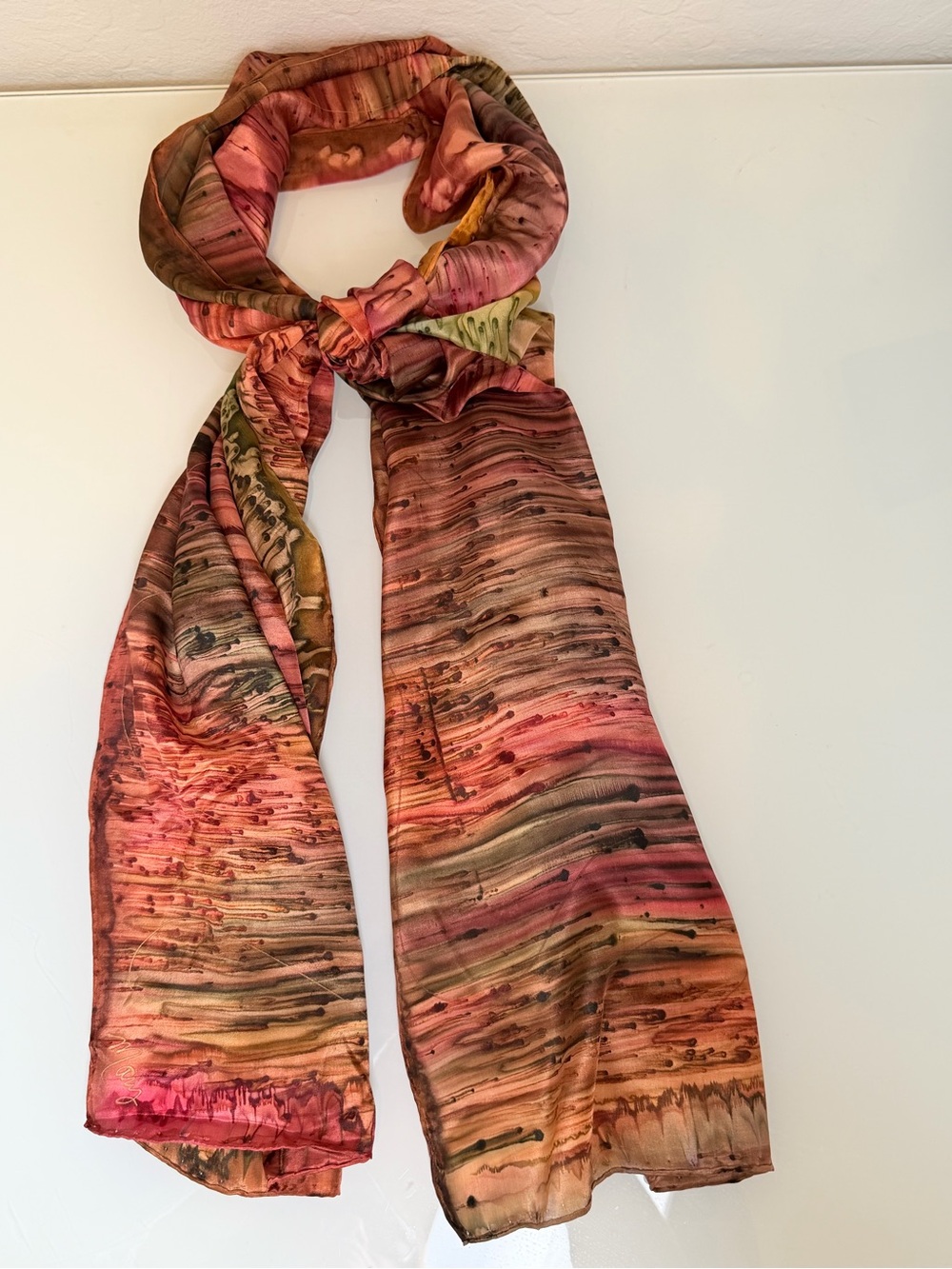 Artisan Hand Rolled Silk Scarf Signed Mary Pink Rust Olive Sunset Watercolor